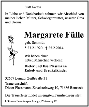Anzeige  Margarete Fülle  Lippische Landes-Zeitung