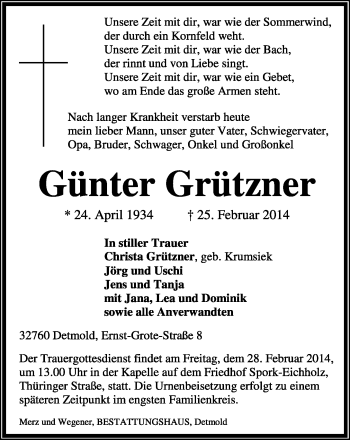 Anzeige  Günter Grützner  Lippische Landes-Zeitung