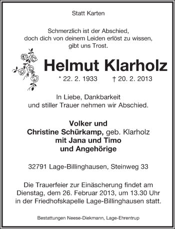 Anzeige  Helmut Klarholz  Lippische Landes-Zeitung