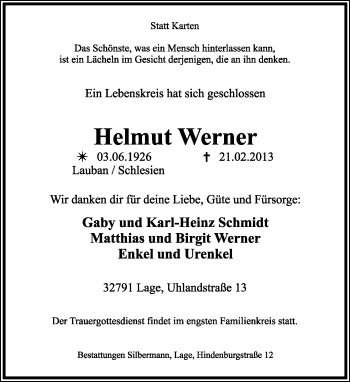 Anzeige  Helmut Werner  Lippische Landes-Zeitung