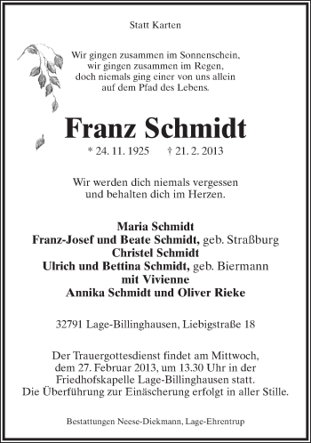 Anzeige  Franz Schmidt  Lippische Landes-Zeitung