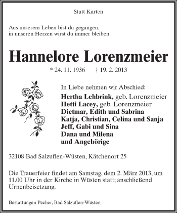 Anzeige  Hannelore Lorenzmeier  Lippische Landes-Zeitung