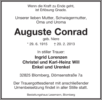 Anzeige  Auguste Conrad  Lippische Landes-Zeitung