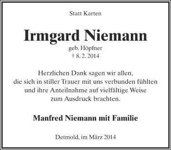 Anzeige  Irmgard Niemann  Lippische Landes-Zeitung