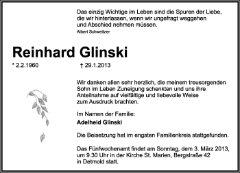 Anzeige  Reinhard Glinski  Lippische Landes-Zeitung