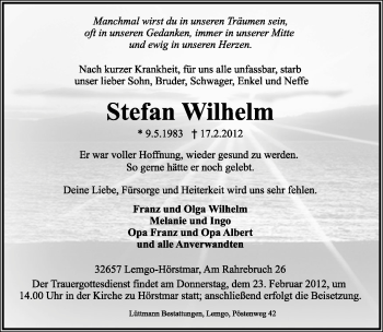 Anzeige  Stefan Wilhelm  Lippische Landes-Zeitung