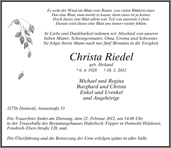 Anzeige  Christa Riedel  Lippische Landes-Zeitung
