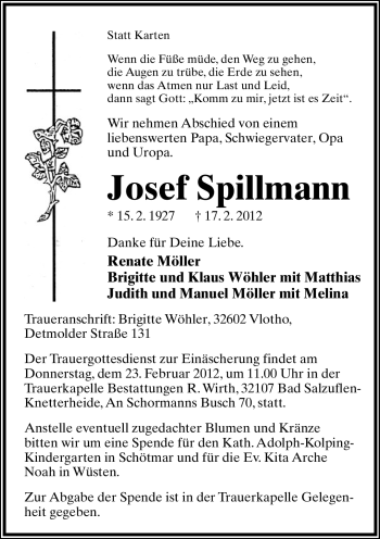Anzeige  Josef Spillmann  Lippische Landes-Zeitung