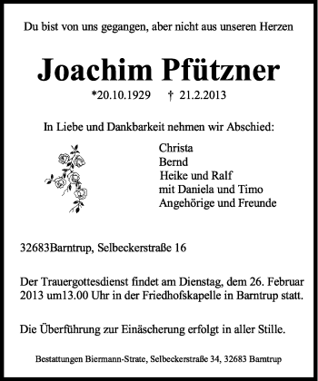 Anzeige  Joachim Pfützner  Lippische Landes-Zeitung