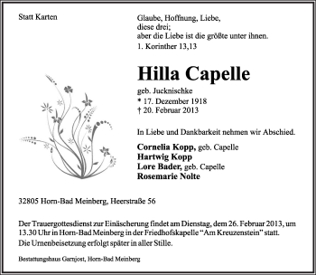 Anzeige  Hilla Capelle  Lippische Landes-Zeitung