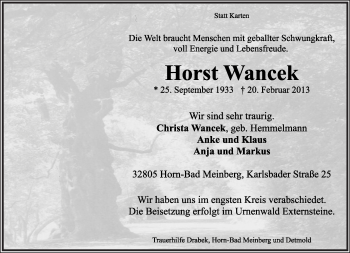 Anzeige  Horst Wancek  Lippische Landes-Zeitung
