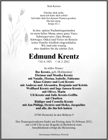 Anzeige  Edmund Krentz  Lippische Landes-Zeitung
