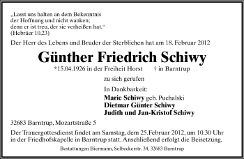 Anzeige  Günther Friedrich Schiwy  Lippische Landes-Zeitung