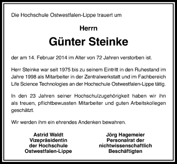 Anzeige  Günter Steinke  Lippische Landes-Zeitung