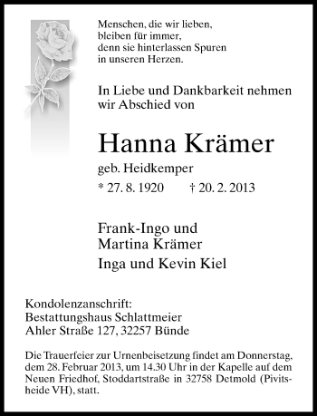 Anzeige  Hanna Krämer  Lippische Landes-Zeitung