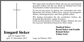 Anzeige  Irmgard Sieker  Lippische Landes-Zeitung