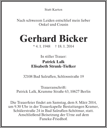 Anzeige  Gerhard Bicker  Lippische Landes-Zeitung
