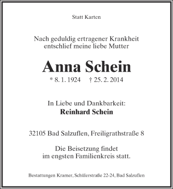 Anzeige  Anna Schein  Lippische Landes-Zeitung