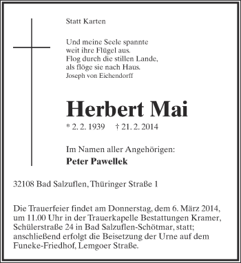 Anzeige  Herbert Mai  Lippische Landes-Zeitung