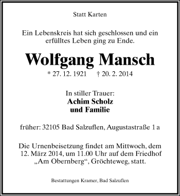 Anzeige  Wolfgang Mansch  Lippische Landes-Zeitung