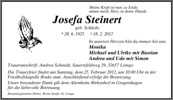 Anzeige  Josefa Steinert  Lippische Landes-Zeitung