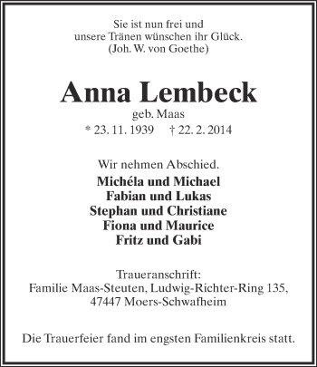 Anzeige  Anna Lembeck  Lippische Landes-Zeitung