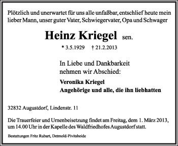 Anzeige  Heinz Kriegel  Lippische Landes-Zeitung