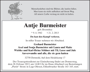 Anzeige  Antje Burmeister  Lippische Landes-Zeitung