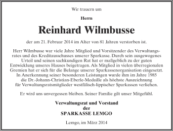 Anzeige  Reinhard Wilmbusse  Lippische Landes-Zeitung