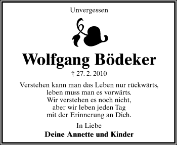 Anzeige  Wolfgang Bödeker  Lippische Landes-Zeitung