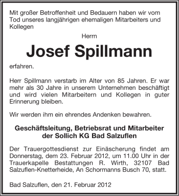 Anzeige  Josef Spillmann  Lippische Landes-Zeitung