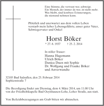 Anzeige  Horst Böker  Lippische Landes-Zeitung