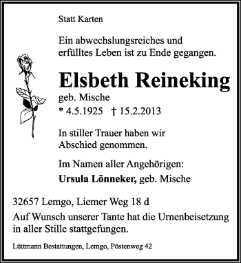 Anzeige  Elsbeth Reineking  Lippische Landes-Zeitung