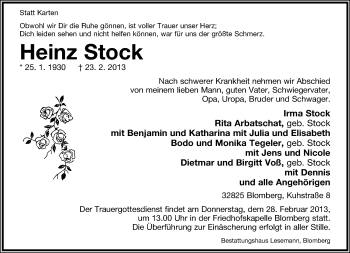 Anzeige  Heinz Stock  Lippische Landes-Zeitung
