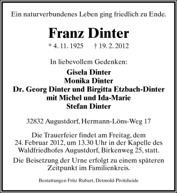 Anzeige  Franz Dinter  Lippische Landes-Zeitung