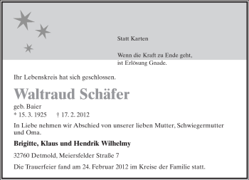 Anzeige  Waltraud Schäfer  Lippische Landes-Zeitung