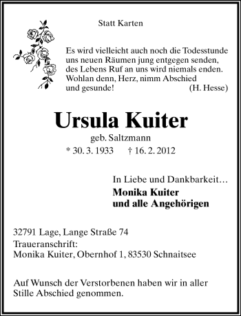 Anzeige  Ursula Kuiter  Lippische Landes-Zeitung