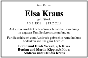 Anzeige  Elsa Kraus  Lippische Landes-Zeitung