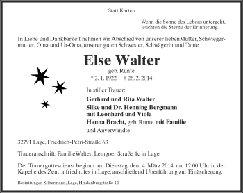 Anzeige  Else Walter  Lippische Landes-Zeitung