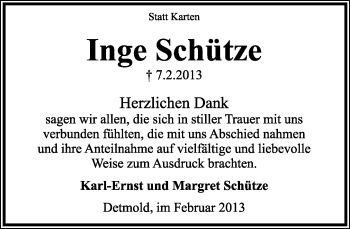 Anzeige  Inge Schütze  Lippische Landes-Zeitung