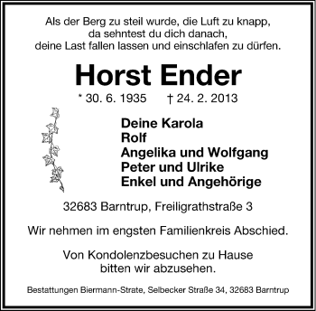 Anzeige  Horst Ender  Lippische Landes-Zeitung