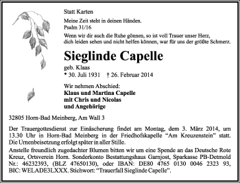 Anzeige  Sieglinde Capelle  Lippische Landes-Zeitung