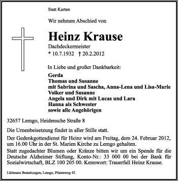 Anzeige  Heinz Krause  Lippische Landes-Zeitung