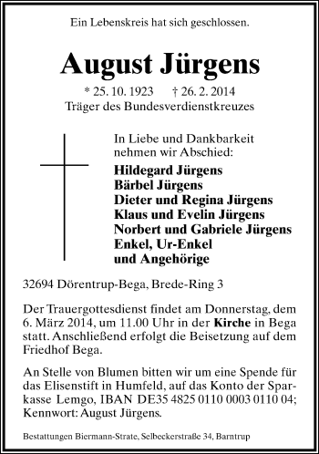 Anzeige  August Jürgens  Lippische Landes-Zeitung