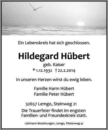 Anzeige  Hildegard Hübert  Lippische Landes-Zeitung