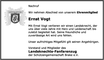 Anzeige  Ernst Vogt  Lippische Landes-Zeitung