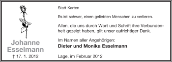 Anzeige  Johanne Esselmann  Lippische Landes-Zeitung