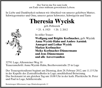 Anzeige  Theresia Wycisk  Lippische Landes-Zeitung