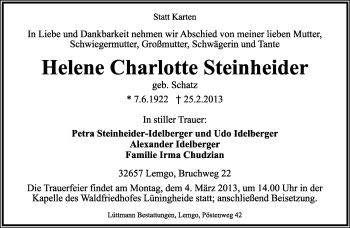 Anzeige  Helene Charlotte  Steinheider  Lippische Landes-Zeitung