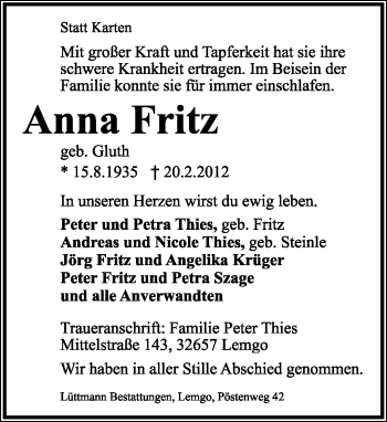 Anzeige  Anna Fritz  Lippische Landes-Zeitung